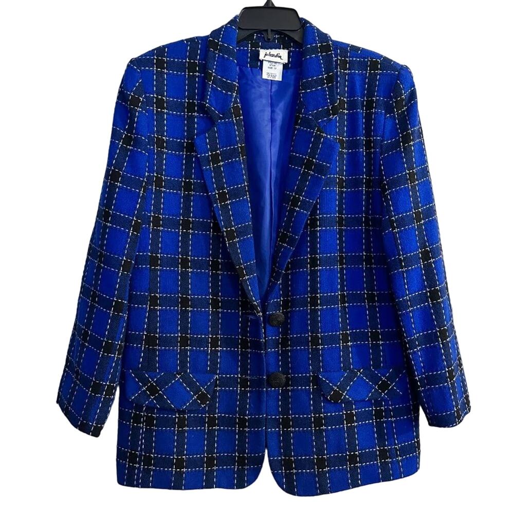 Jo Hardin Vintage Blue Wool Blend Plaid Academia Jacket Blazer Size 12